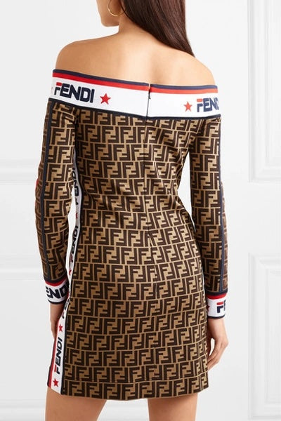 FENDI X FILA MANIA OFF-THE-SHOULDER PRINTED COTTON-BLEND MINI DRESS