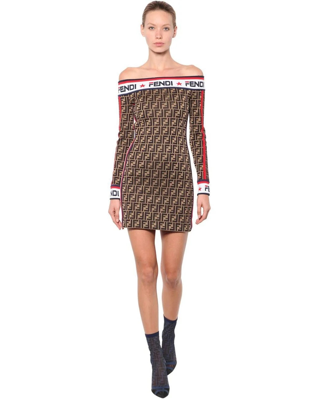 FENDI X FILA MANIA OFF-THE-SHOULDER PRINTED COTTON-BLEND MINI DRESS