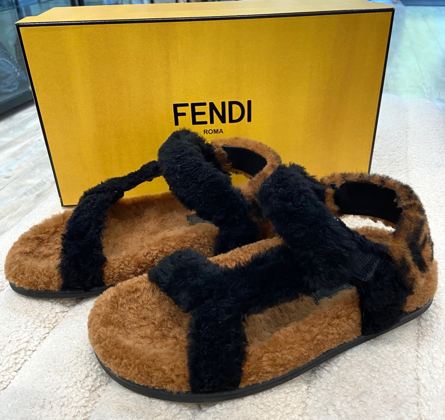 FENDI FEEL FF LOGO SHEARLING SANDALS