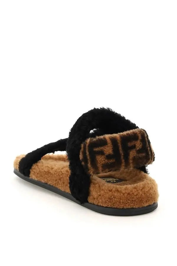 FENDI FEEL FF LOGO SHEARLING SANDALS