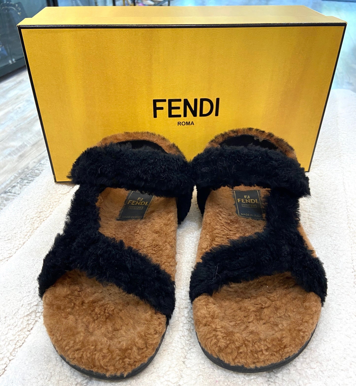 FENDI FEEL FF LOGO SHEARLING SANDALS