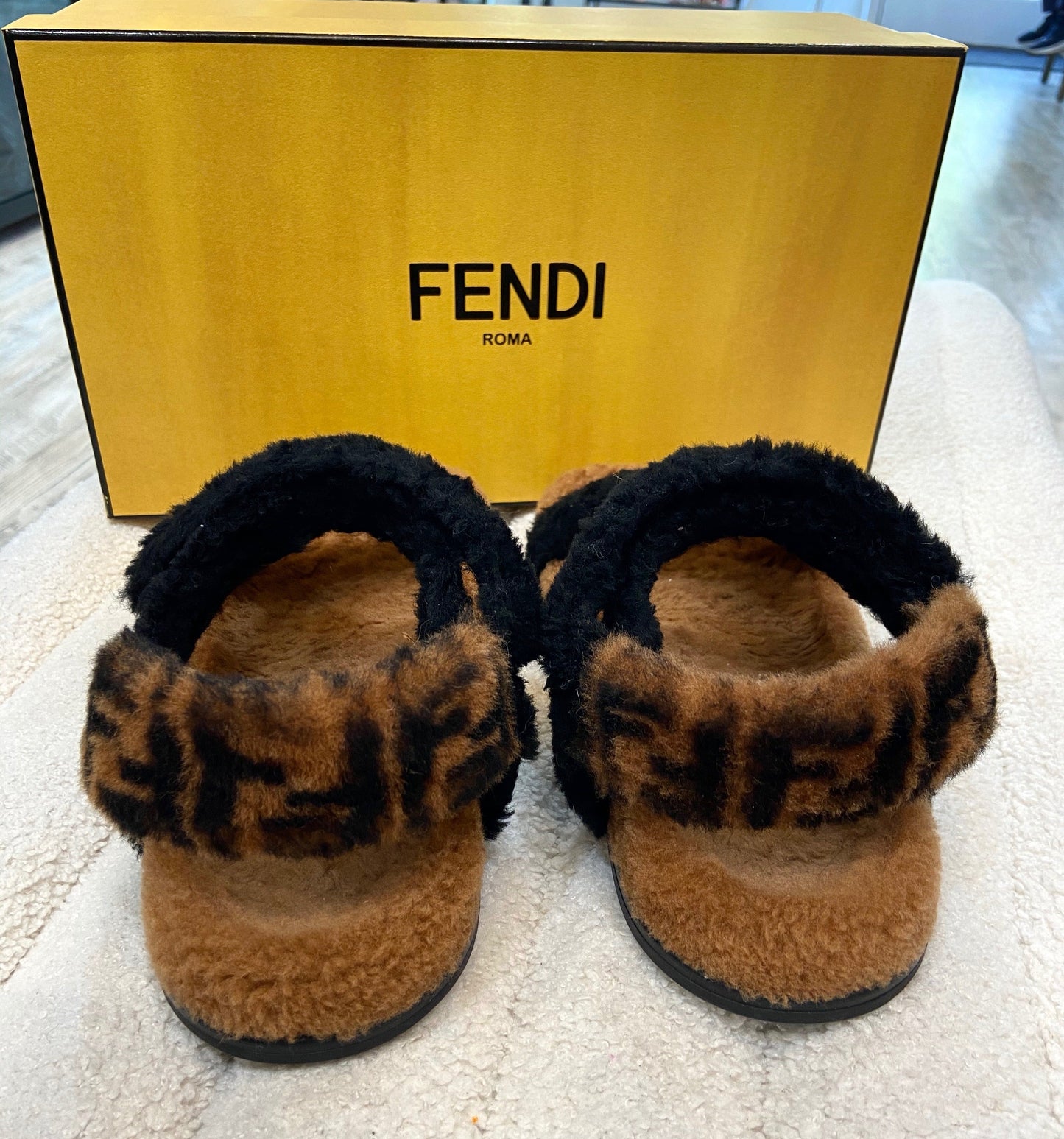FENDI FEEL FF LOGO SHEARLING SANDALS