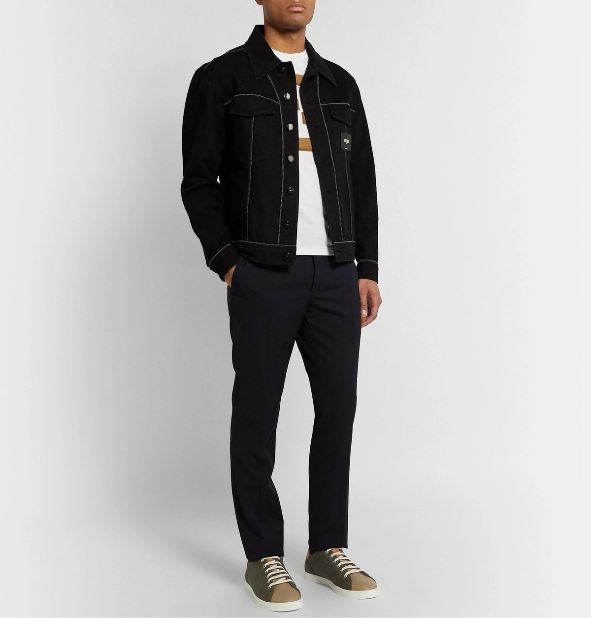 FENDI FF LOGO JACQUARD CALFSKIN LEATHER SNEAKERS