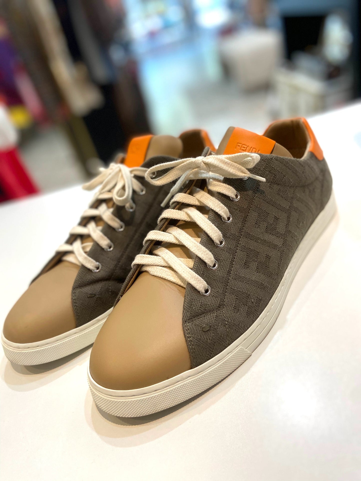 FENDI FF LOGO JACQUARD CALFSKIN LEATHER SNEAKERS