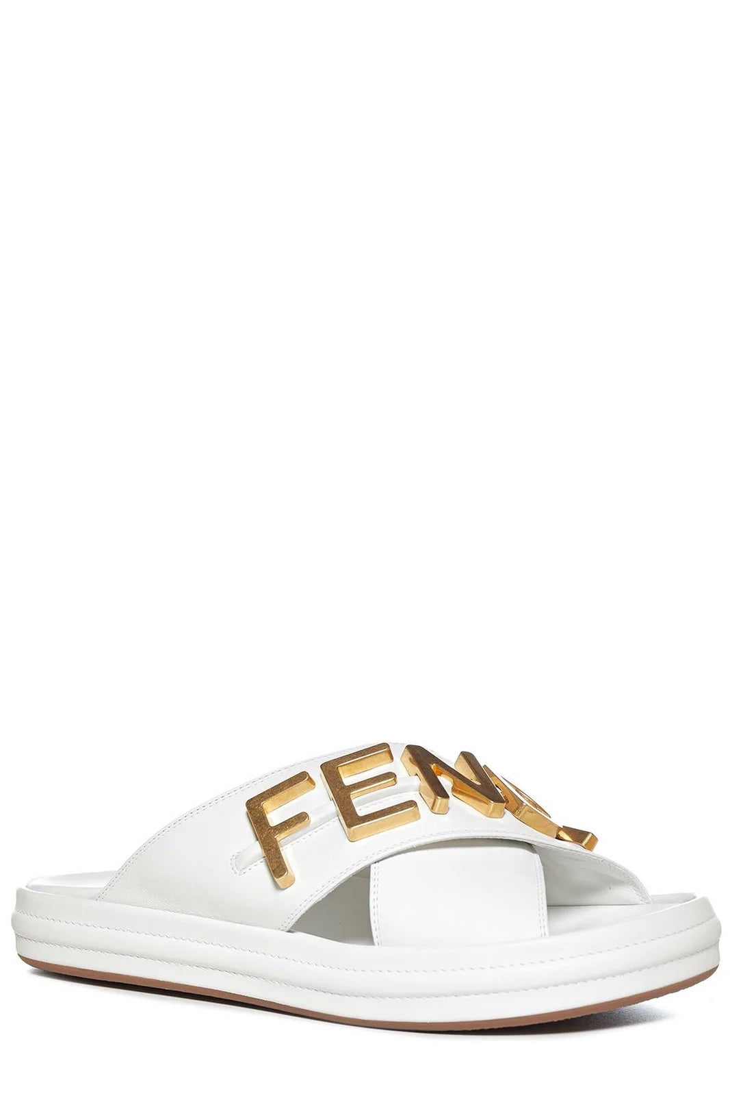 FENDI FENDIGRAPHY LOGO CRISSCROSS LEATHER SLIDE SANDALS