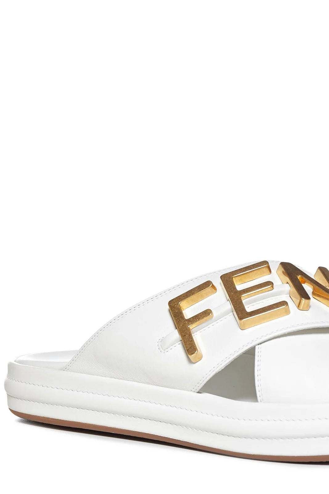 FENDI FENDIGRAPHY LOGO CRISSCROSS LEATHER SLIDE SANDALS