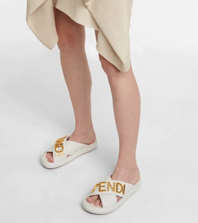 FENDI FENDIGRAPHY LOGO CRISSCROSS LEATHER SLIDE SANDALS