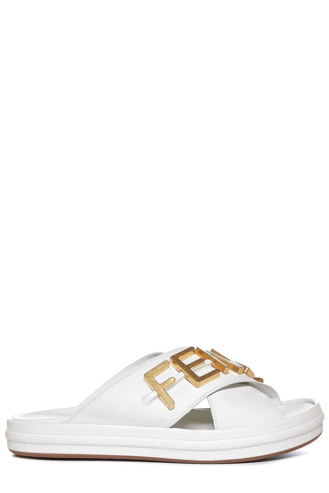 FENDI FENDIGRAPHY LOGO CRISSCROSS LEATHER SLIDE SANDALS
