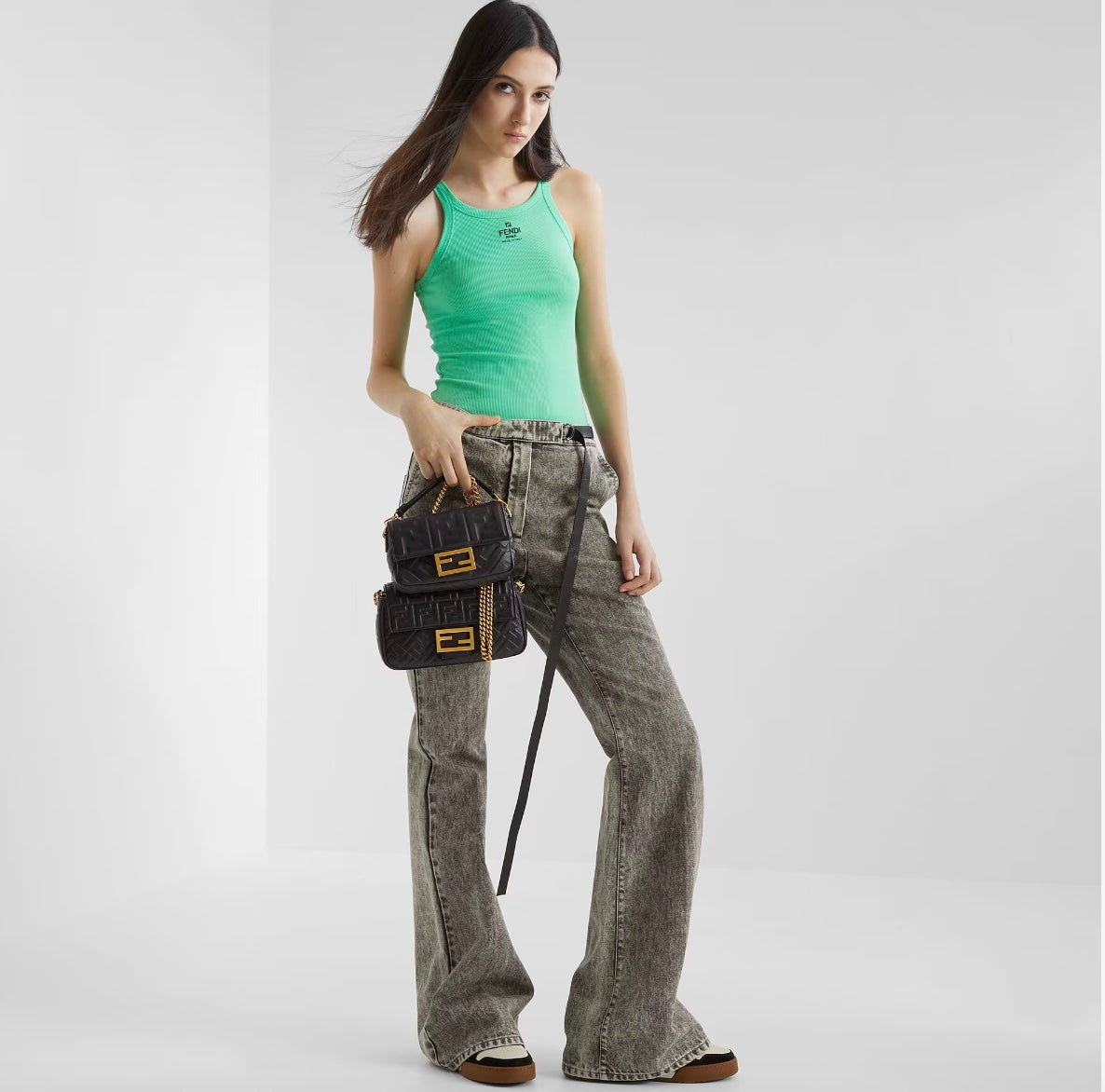 FENDI FF 1974 EMBOSSED NAPPA LEATHER MINI BAGUETTE BAG