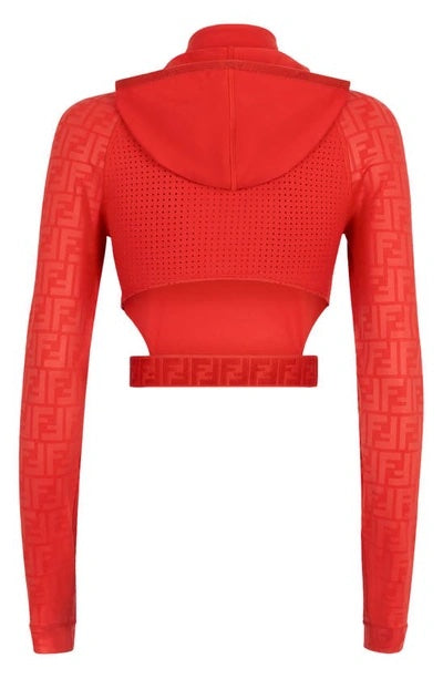 FENDI FENDIRAMA LOGO CUTOUT HOODED LYCRA CROP TOP
