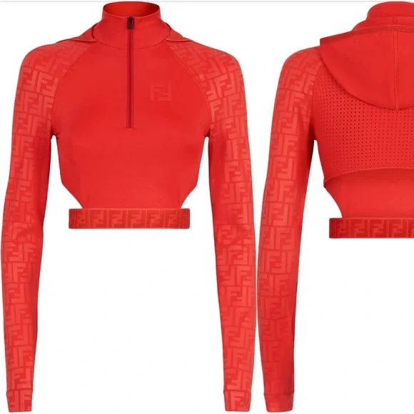 FENDI FENDIRAMA LOGO CUTOUT HOODED LYCRA CROP TOP