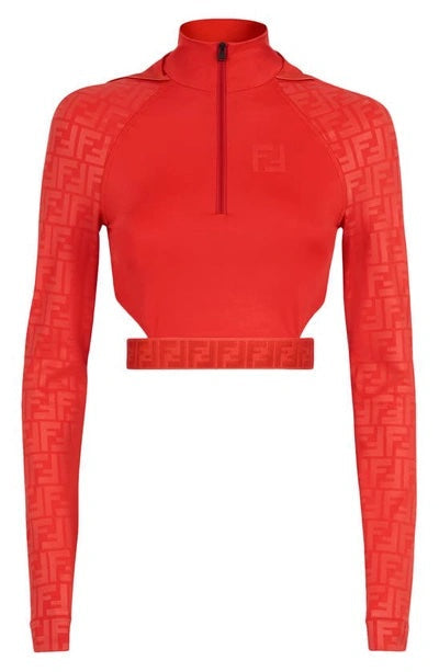 FENDI FENDIRAMA LOGO CUTOUT HOODED LYCRA CROP TOP