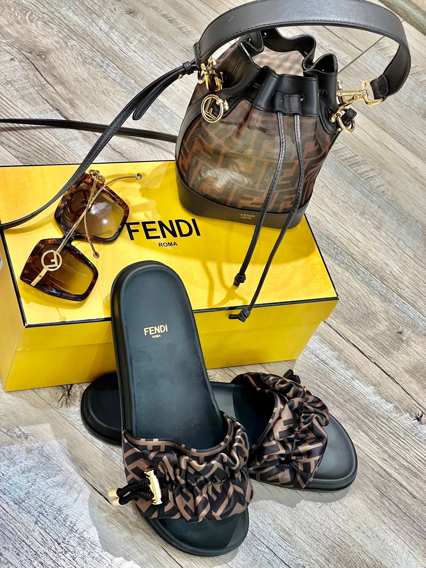 FENDI FF PRINTED SATIN SLIDES