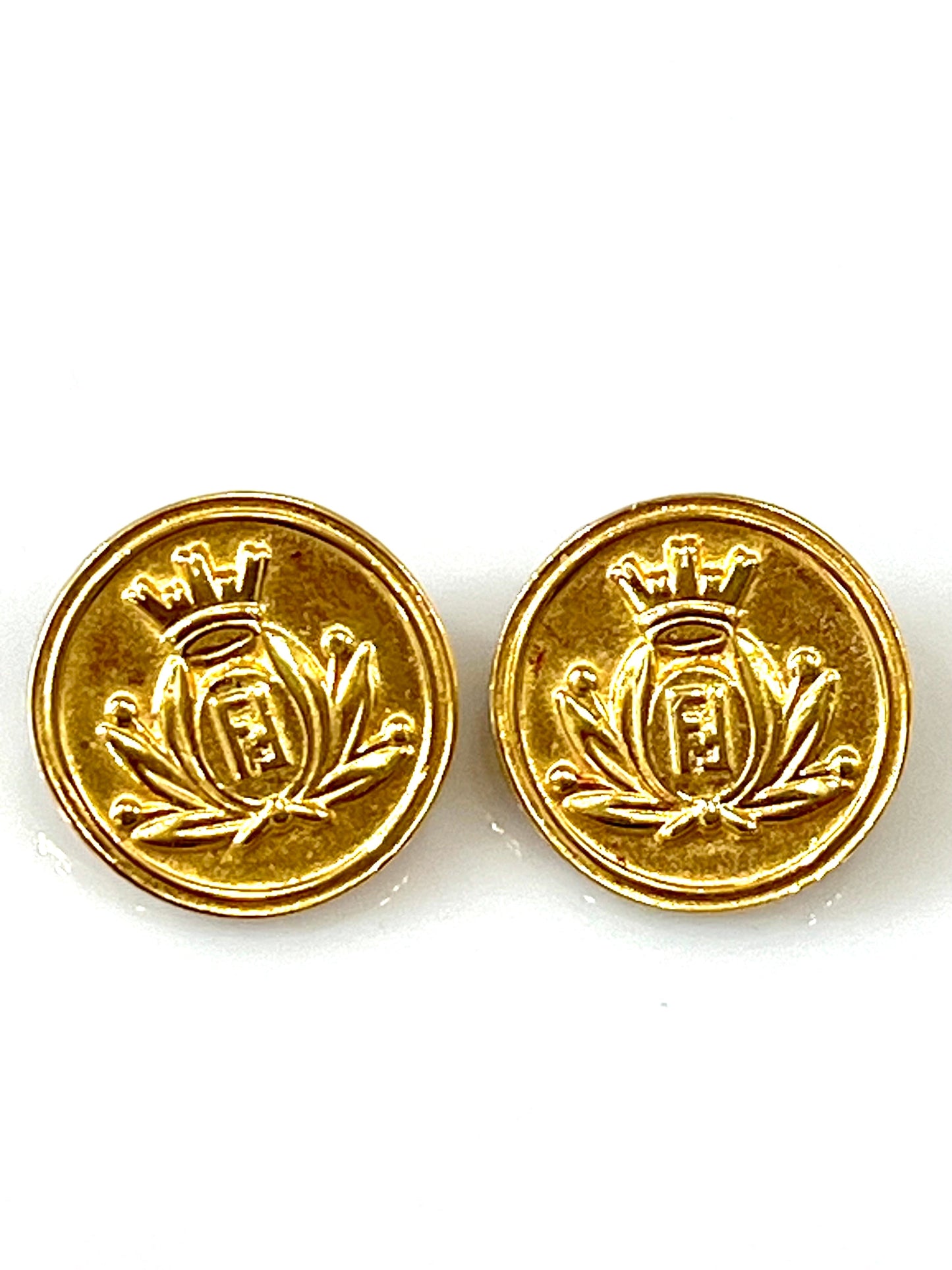 FENDI SIGNED CROWN CREST LOGO INSIGNIA COIN STUD EARRINGS