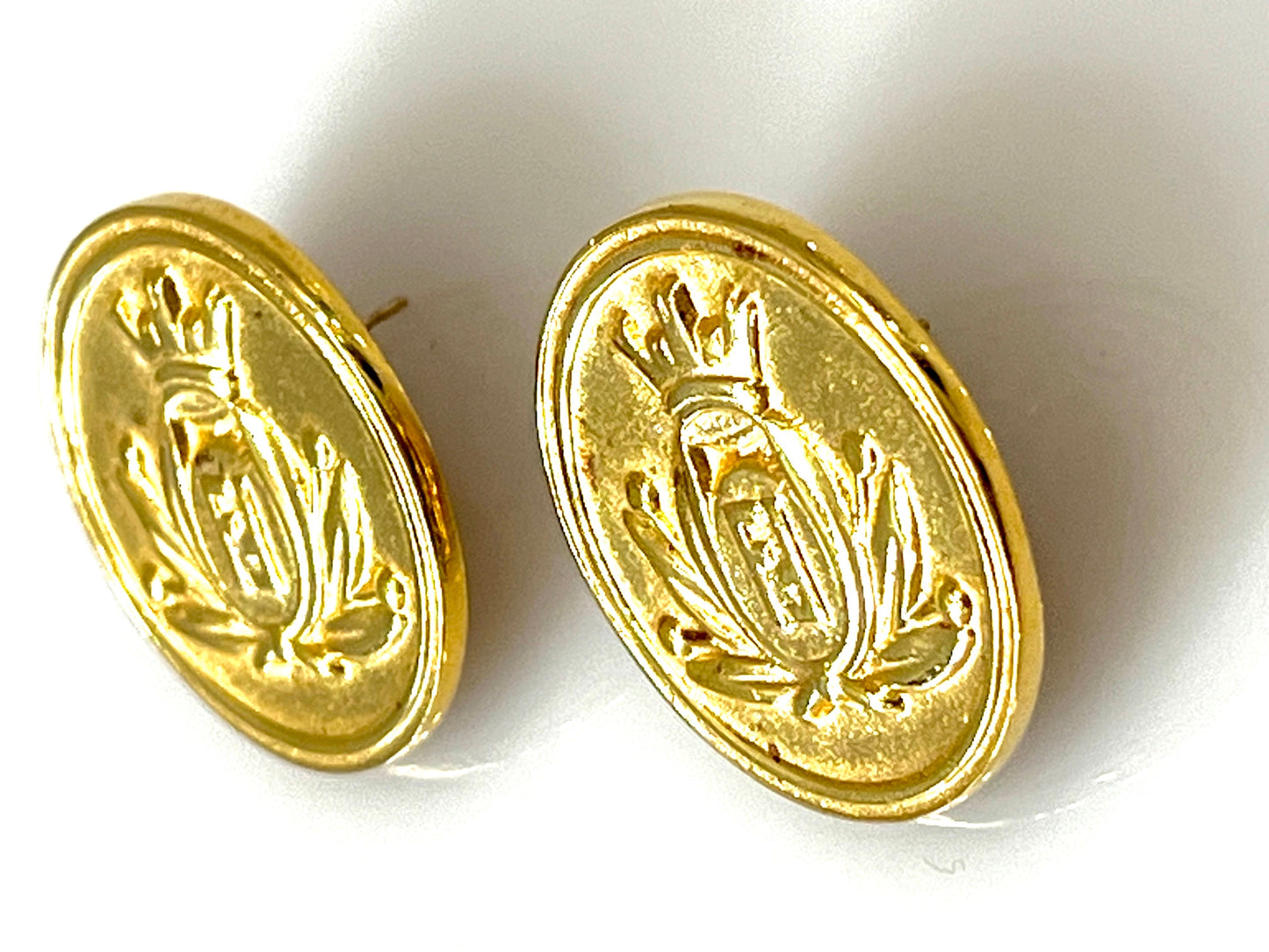 FENDI SIGNED CROWN CREST LOGO INSIGNIA COIN STUD EARRINGS