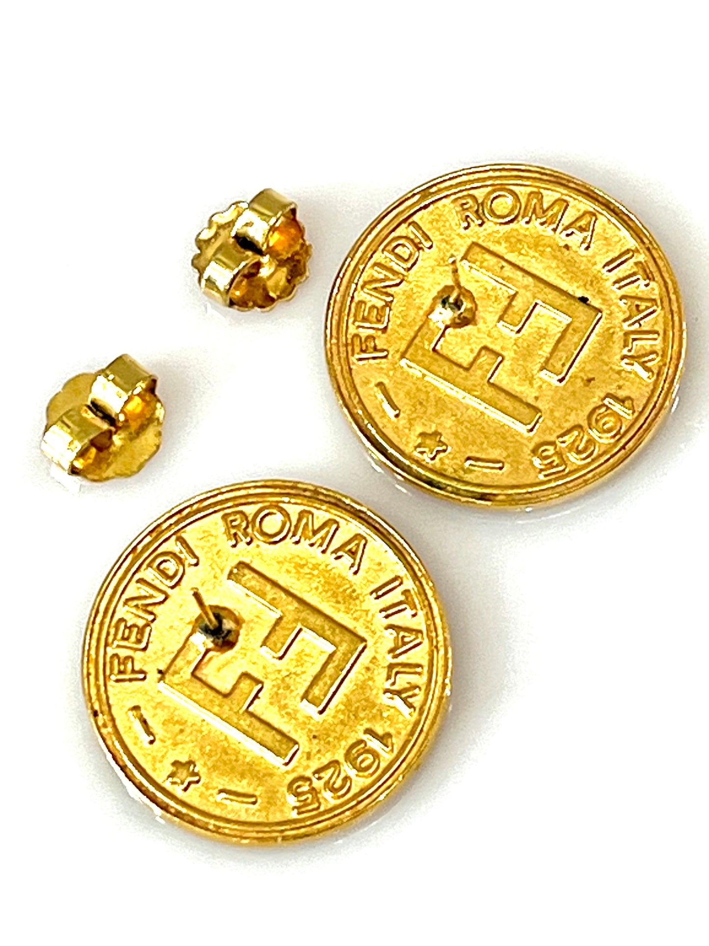 FENDI SIGNED CROWN CREST LOGO INSIGNIA COIN STUD EARRINGS