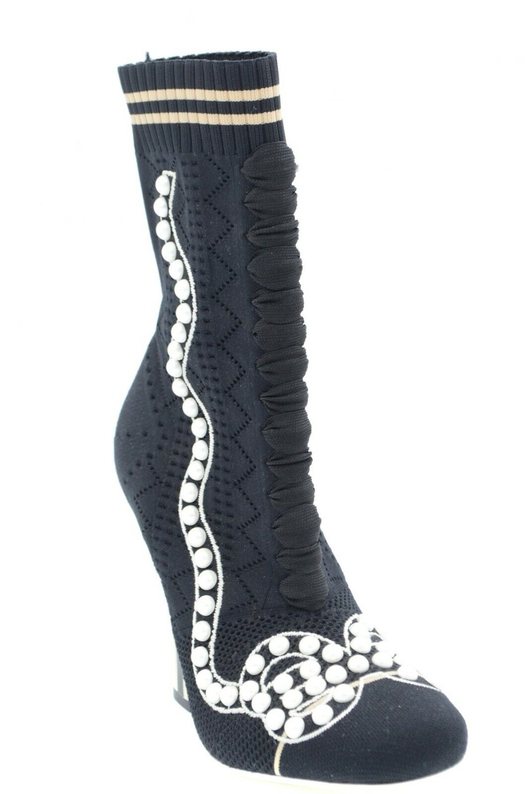 FENDI STRETCH FABRIC PEARL EMBELLISHED ROCKOKO OPENWORK SOCK BOOTS