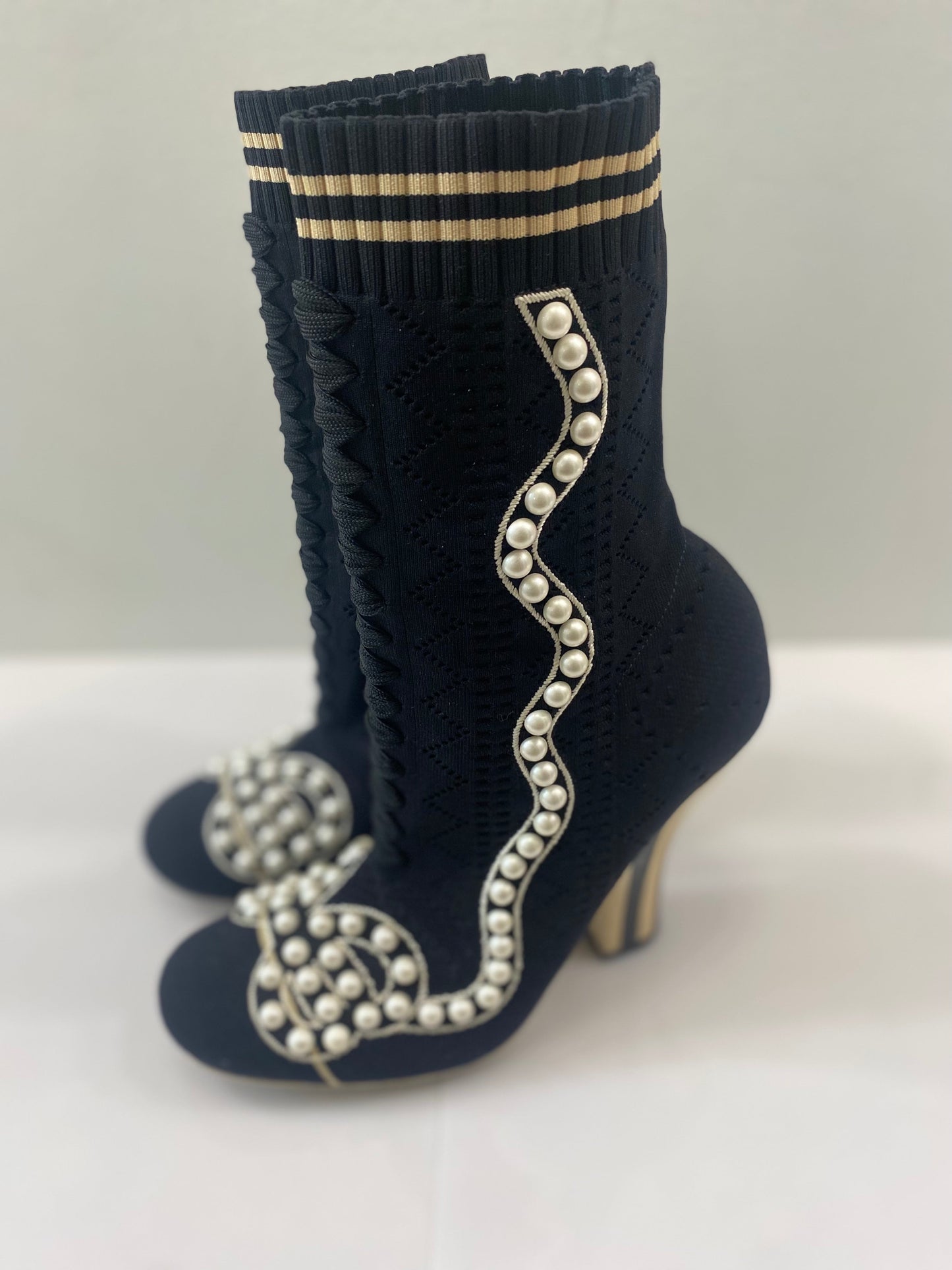 FENDI STRETCH FABRIC PEARL EMBELLISHED ROCKOKO OPENWORK SOCK BOOTS