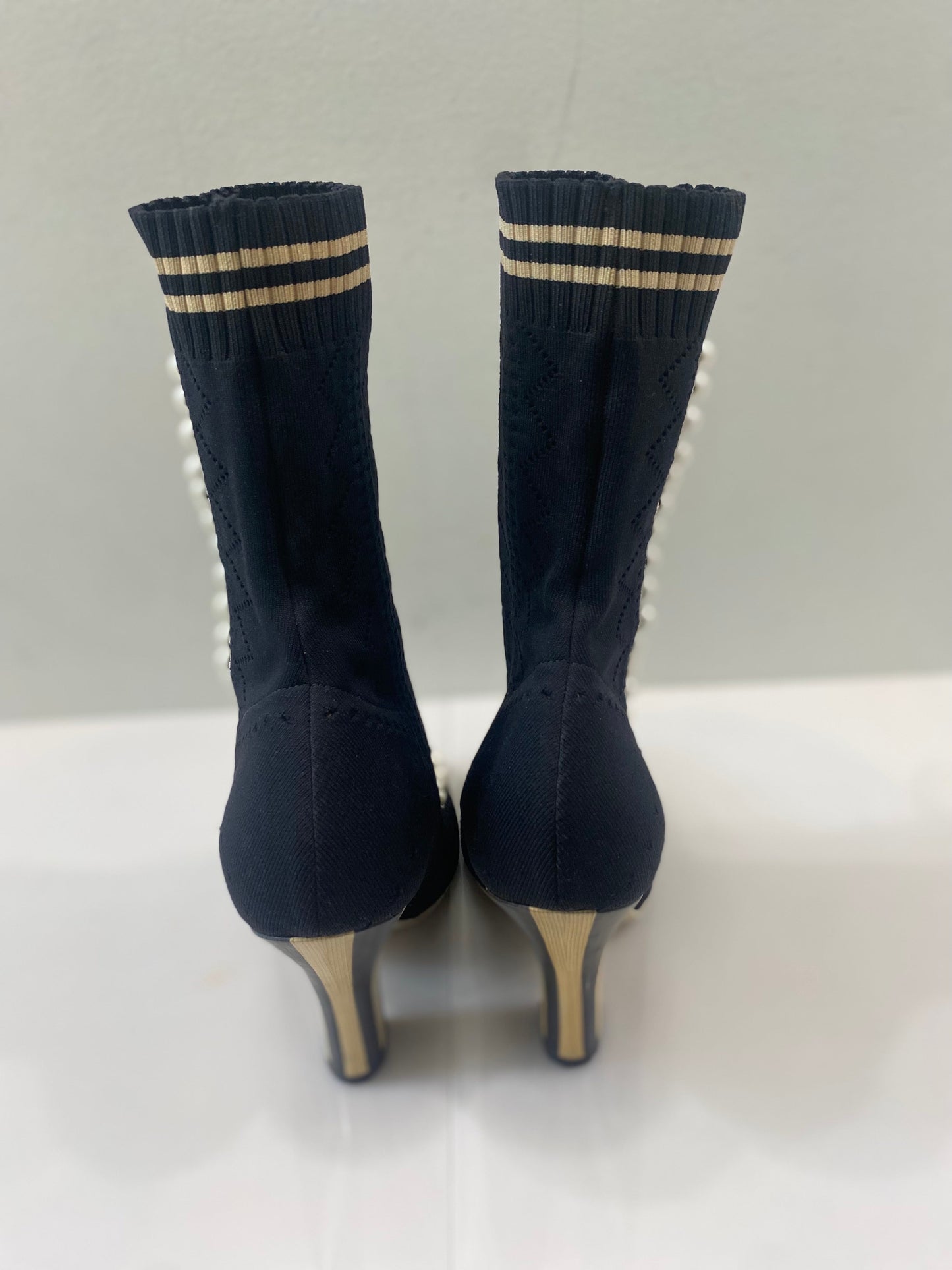 FENDI STRETCH FABRIC PEARL EMBELLISHED ROCKOKO OPENWORK SOCK BOOTS
