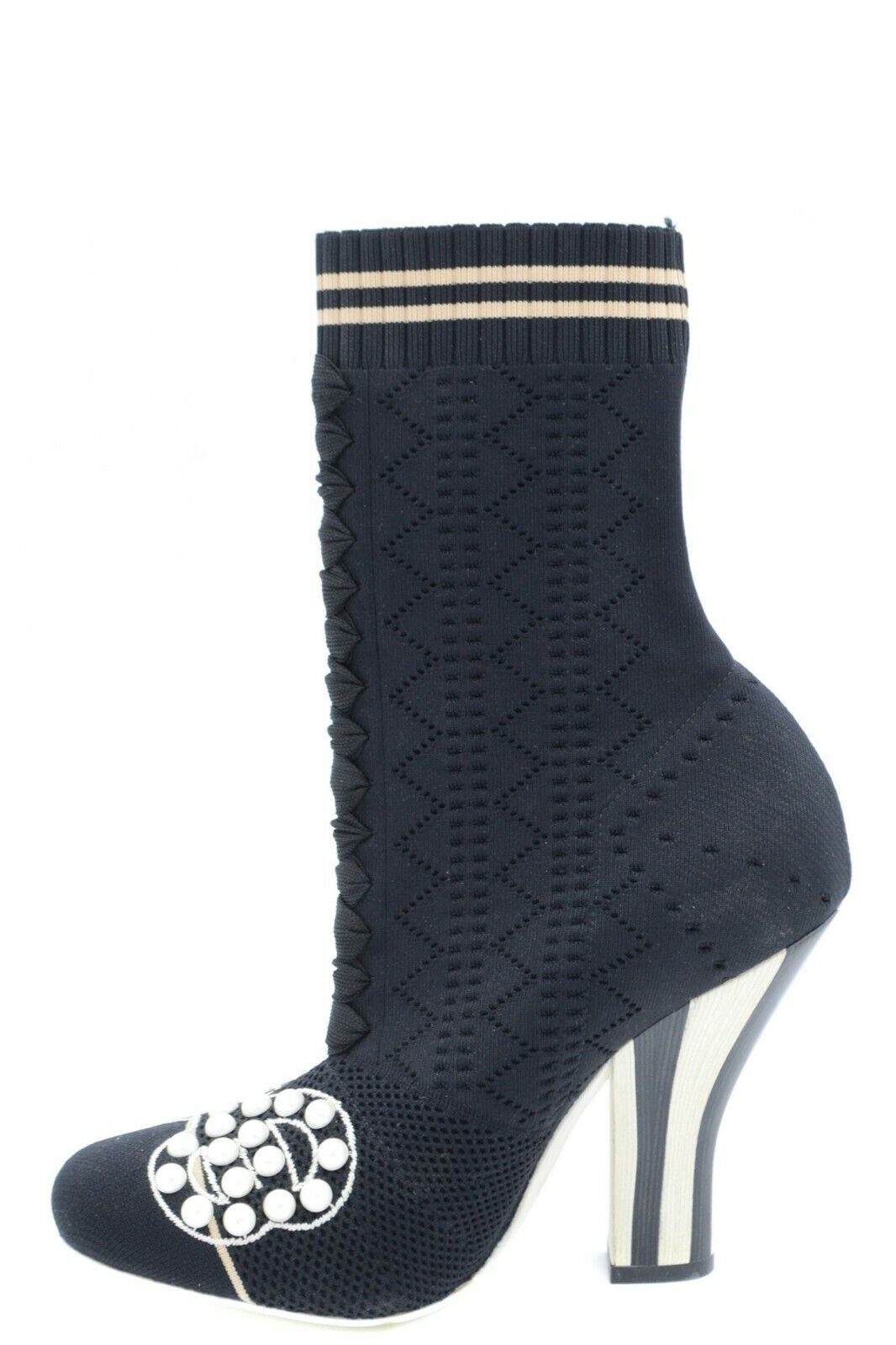 FENDI STRETCH FABRIC PEARL EMBELLISHED ROCKOKO OPENWORK SOCK BOOTS