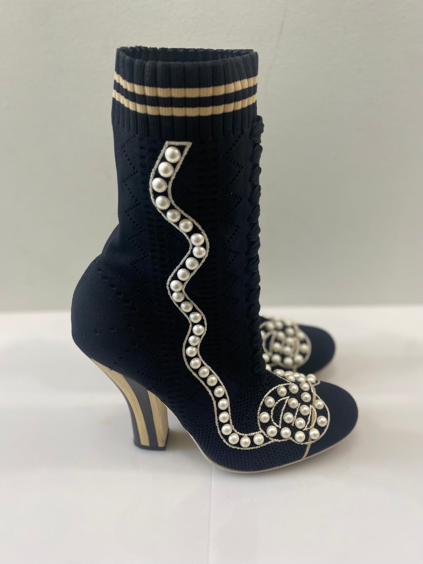 FENDI STRETCH FABRIC PEARL EMBELLISHED ROCKOKO OPENWORK SOCK BOOTS