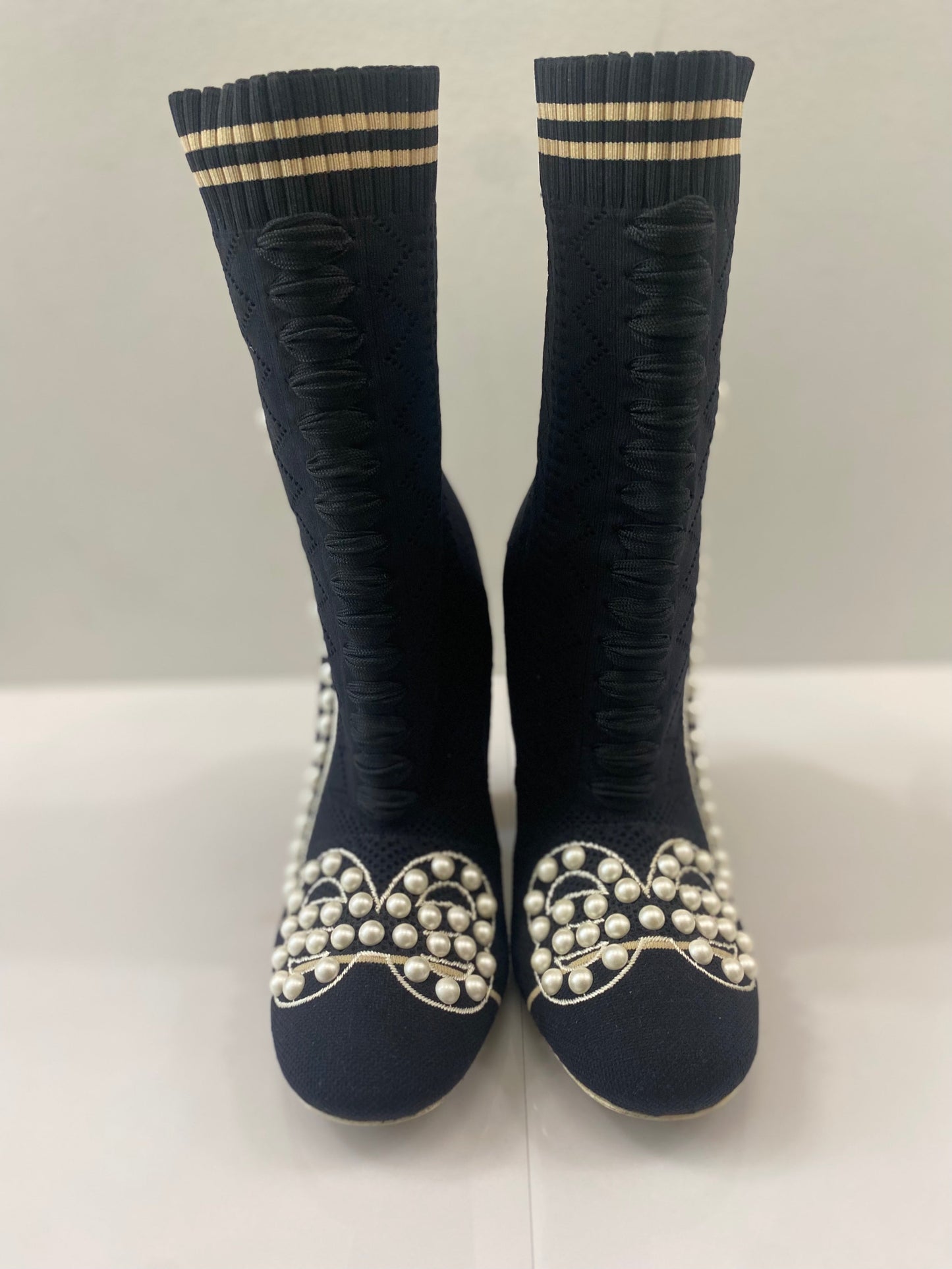 FENDI STRETCH FABRIC PEARL EMBELLISHED ROCKOKO OPENWORK SOCK BOOTS