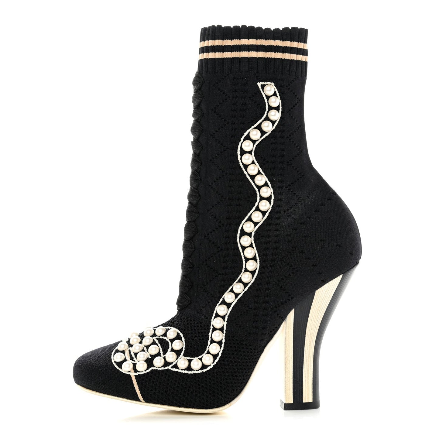 FENDI STRETCH FABRIC PEARL EMBELLISHED ROCKOKO OPENWORK SOCK BOOTS