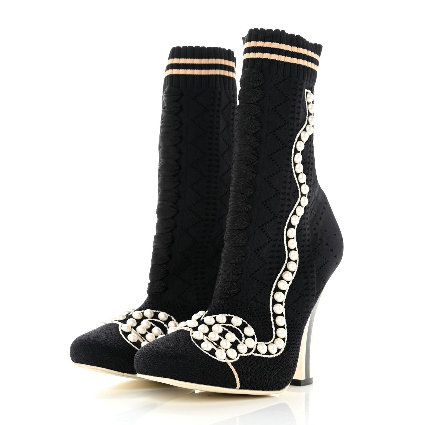 FENDI STRETCH FABRIC PEARL EMBELLISHED ROCKOKO OPENWORK SOCK BOOTS