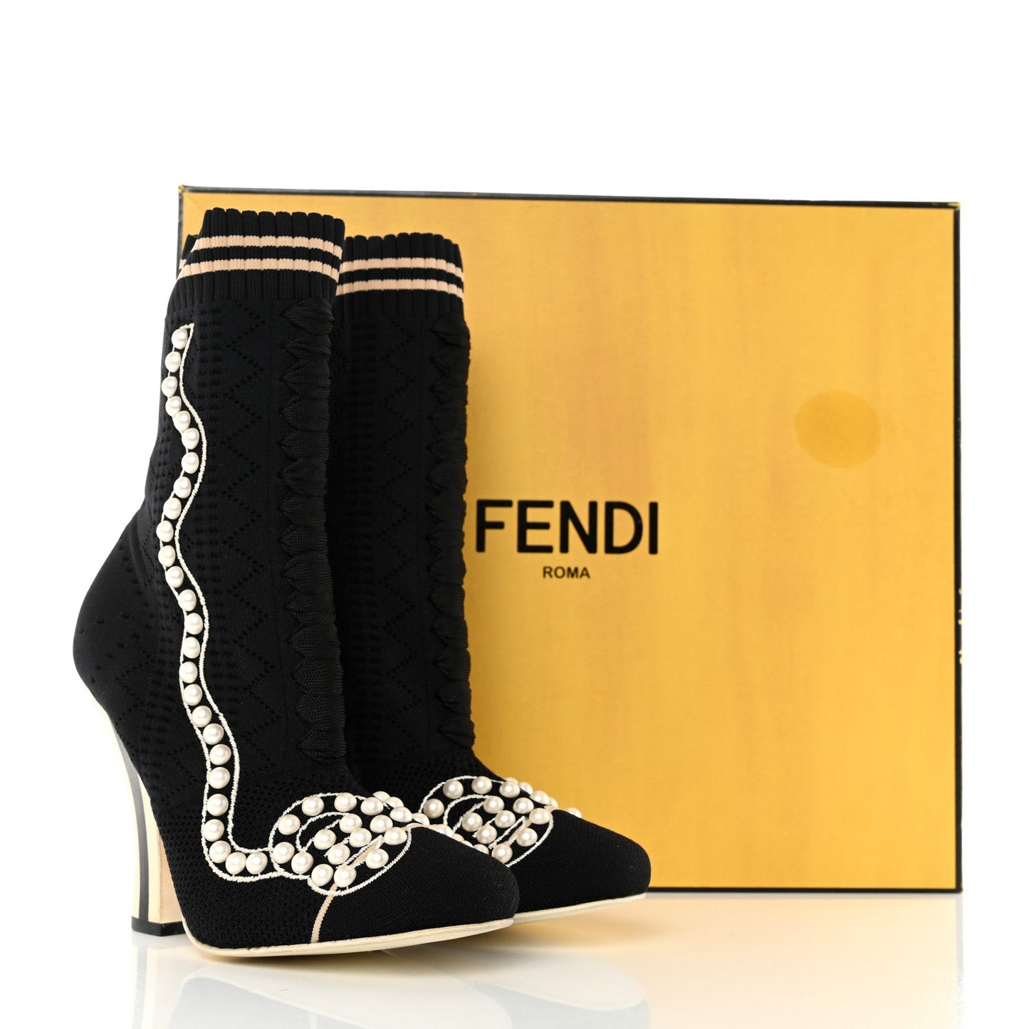 FENDI STRETCH FABRIC PEARL EMBELLISHED ROCKOKO OPENWORK SOCK BOOTS
