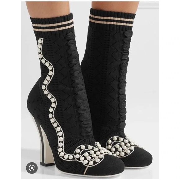 FENDI STRETCH FABRIC PEARL EMBELLISHED ROCKOKO OPENWORK SOCK BOOTS