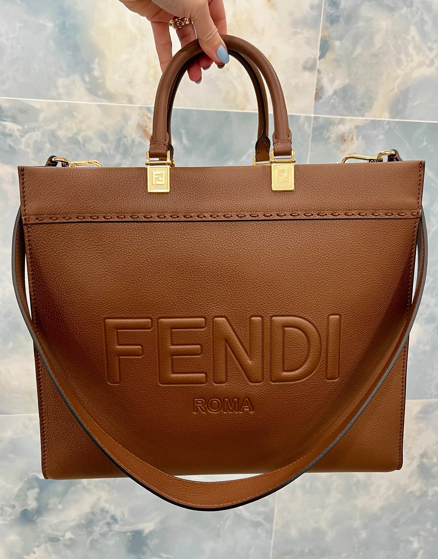 FENDI SUNSHINE CALFSKIN LEATHER MEDIUM SHOPPER TOTE BAG