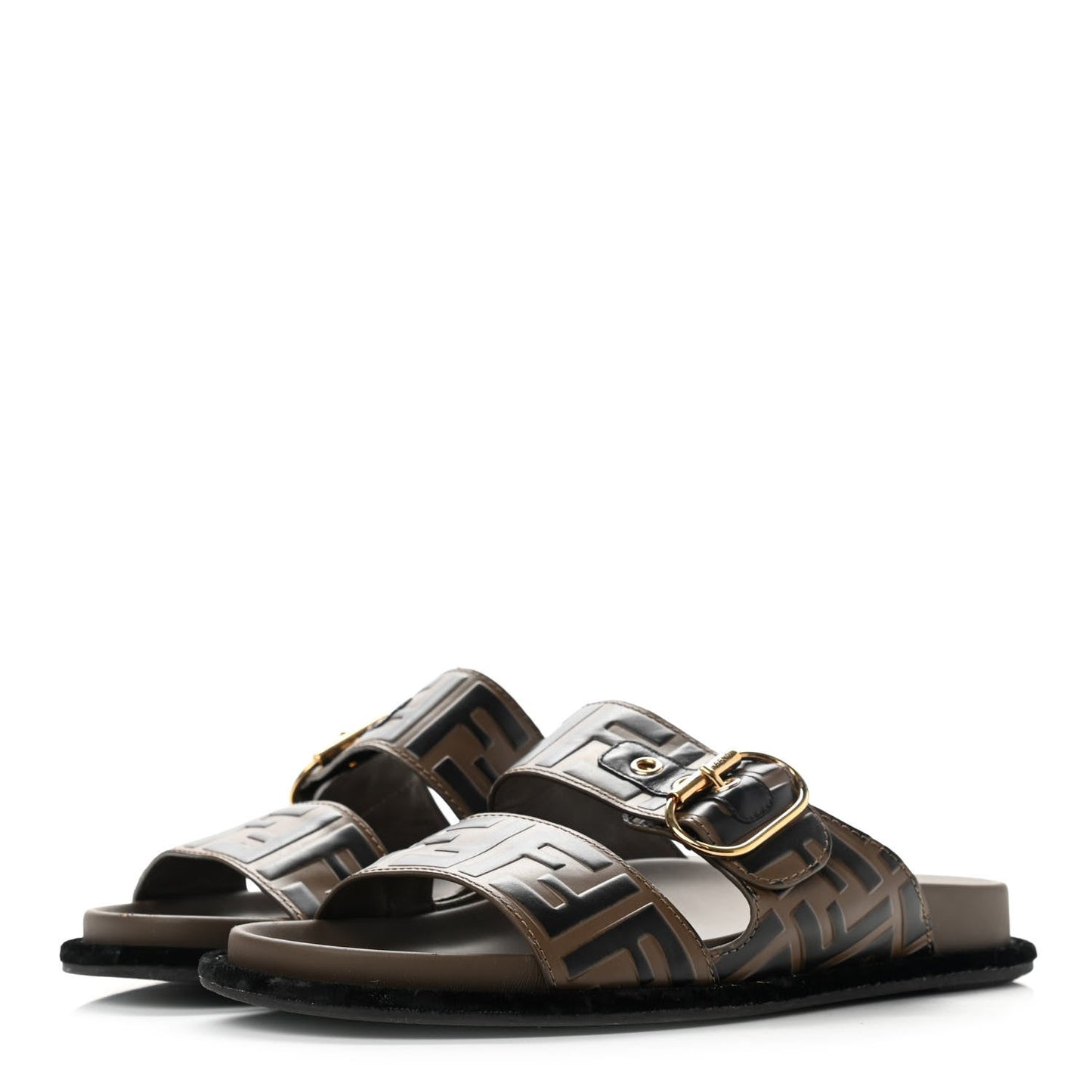 FENDI ZUCCA CALFSKIN FF EMBOSSED SLIDE SANDALS