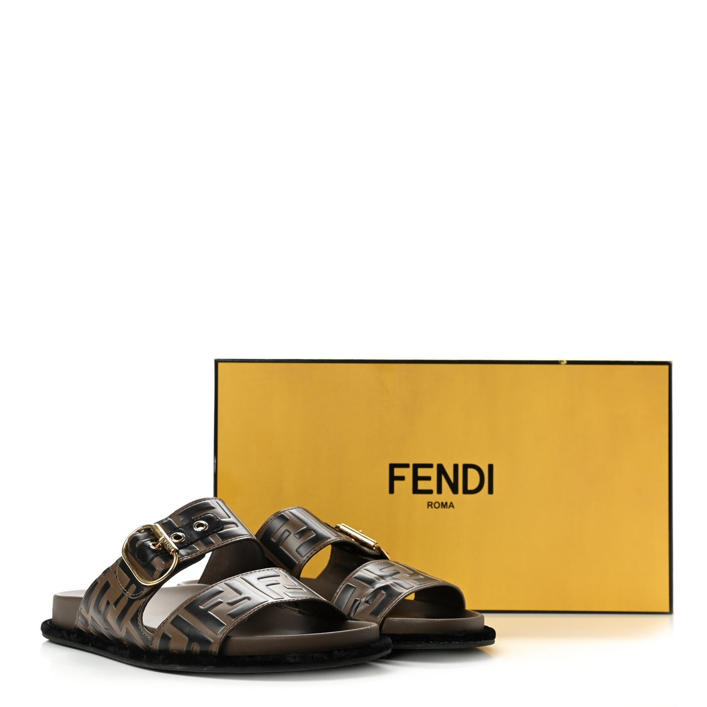 FENDI ZUCCA CALFSKIN FF EMBOSSED SLIDE SANDALS