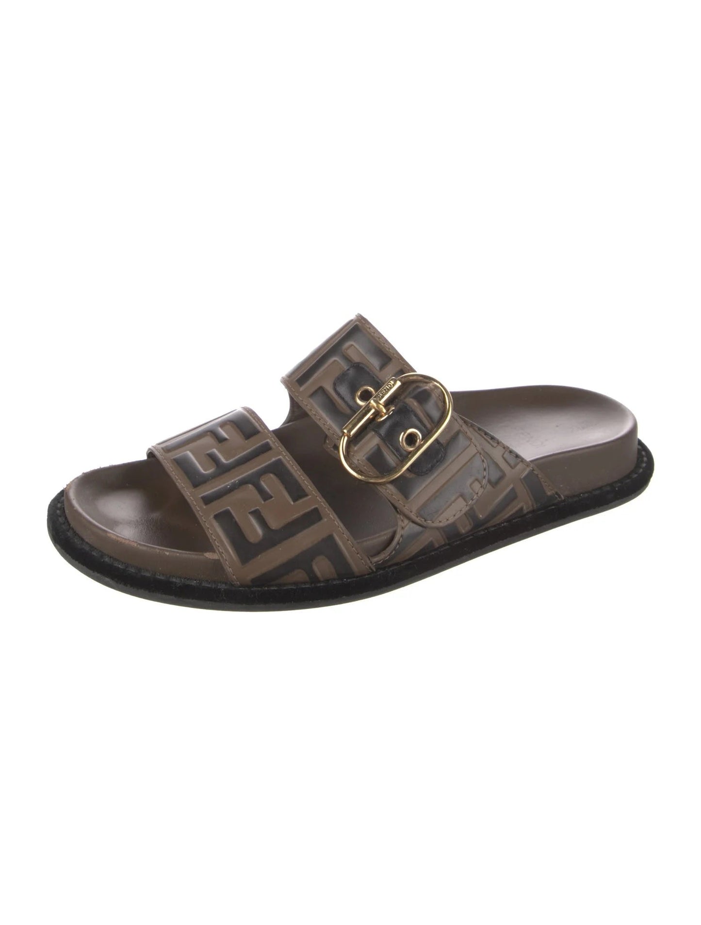 FENDI ZUCCA CALFSKIN FF EMBOSSED SLIDE SANDALS
