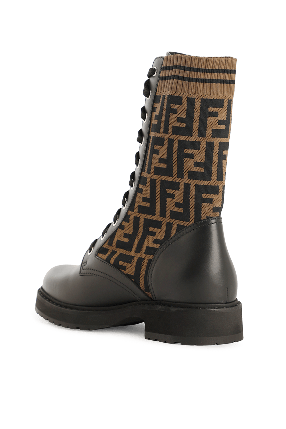 FENDI FF KNIT LEATHER ROCKOKO COMBAT BOOTS