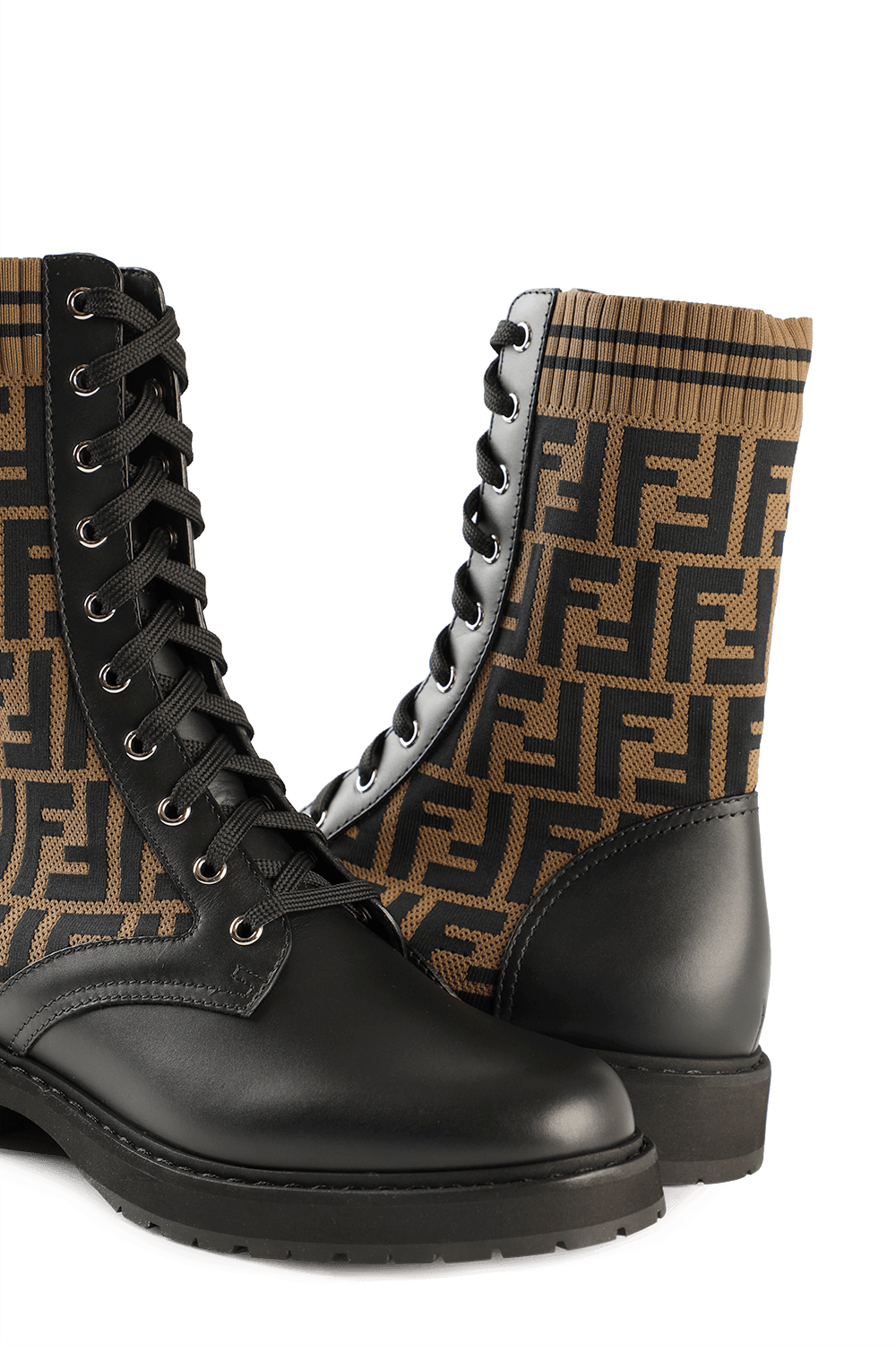 FENDI FF KNIT LEATHER ROCKOKO COMBAT BOOTS