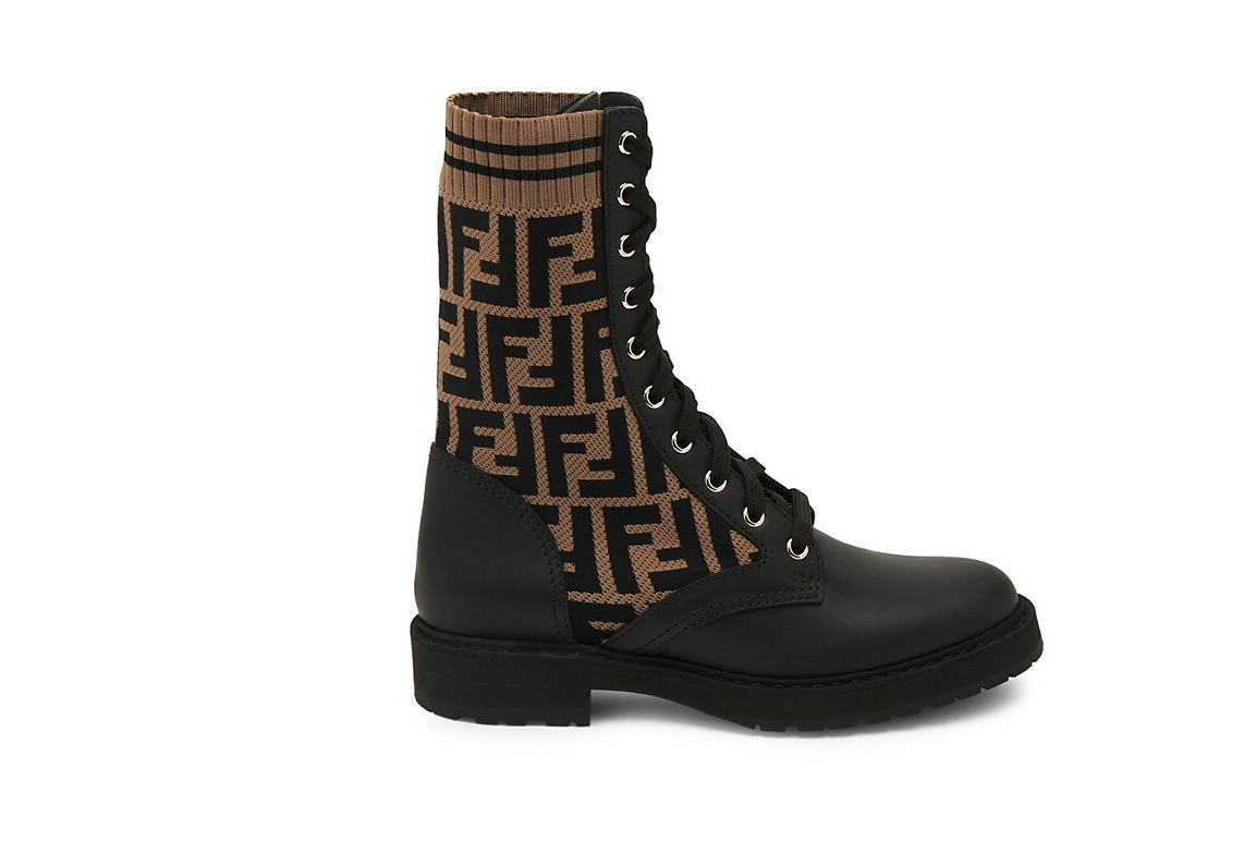 FENDI FF KNIT LEATHER ROCKOKO COMBAT BOOTS