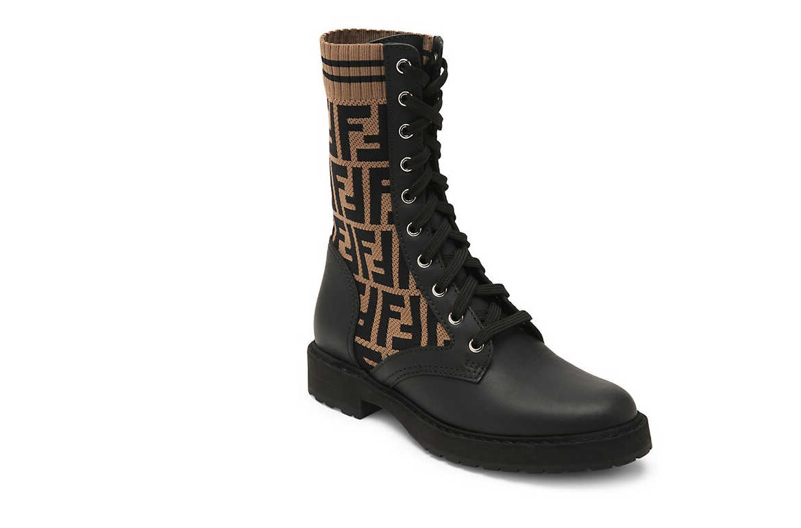 FENDI FF KNIT LEATHER ROCKOKO COMBAT BOOTS