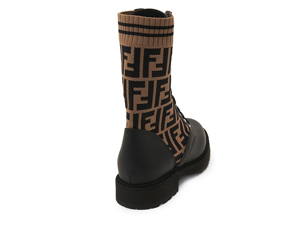 FENDI FF KNIT LEATHER ROCKOKO COMBAT BOOTS