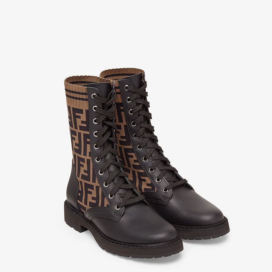 FENDI FF KNIT LEATHER ROCKOKO COMBAT BOOTS