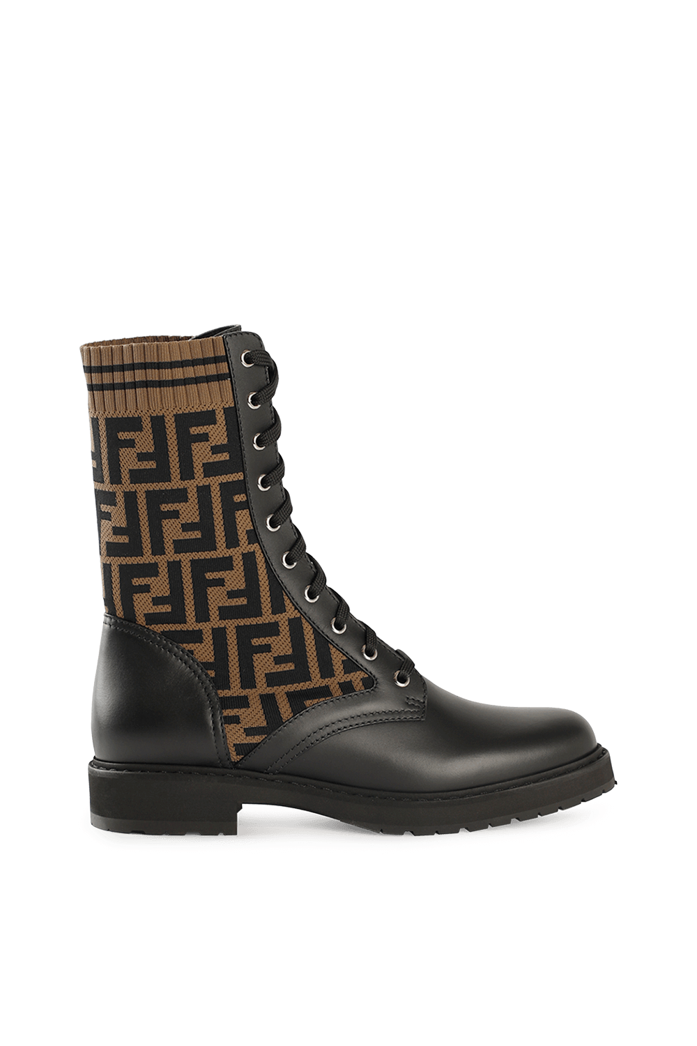 FENDI FF KNIT LEATHER ROCKOKO COMBAT BOOTS