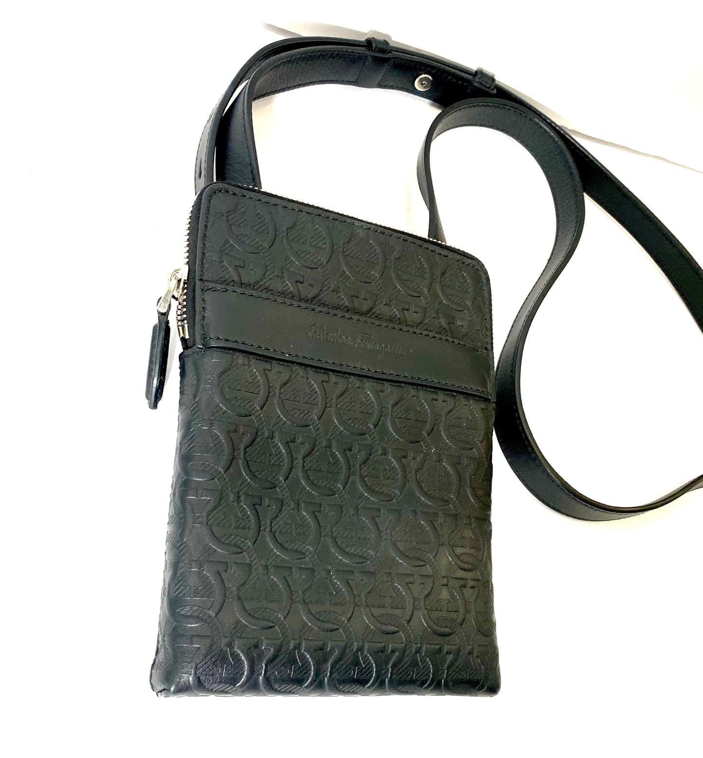 FERRAGAMO GANCINI EMBOSSED LEATHER SMALL MESSENGER BAG