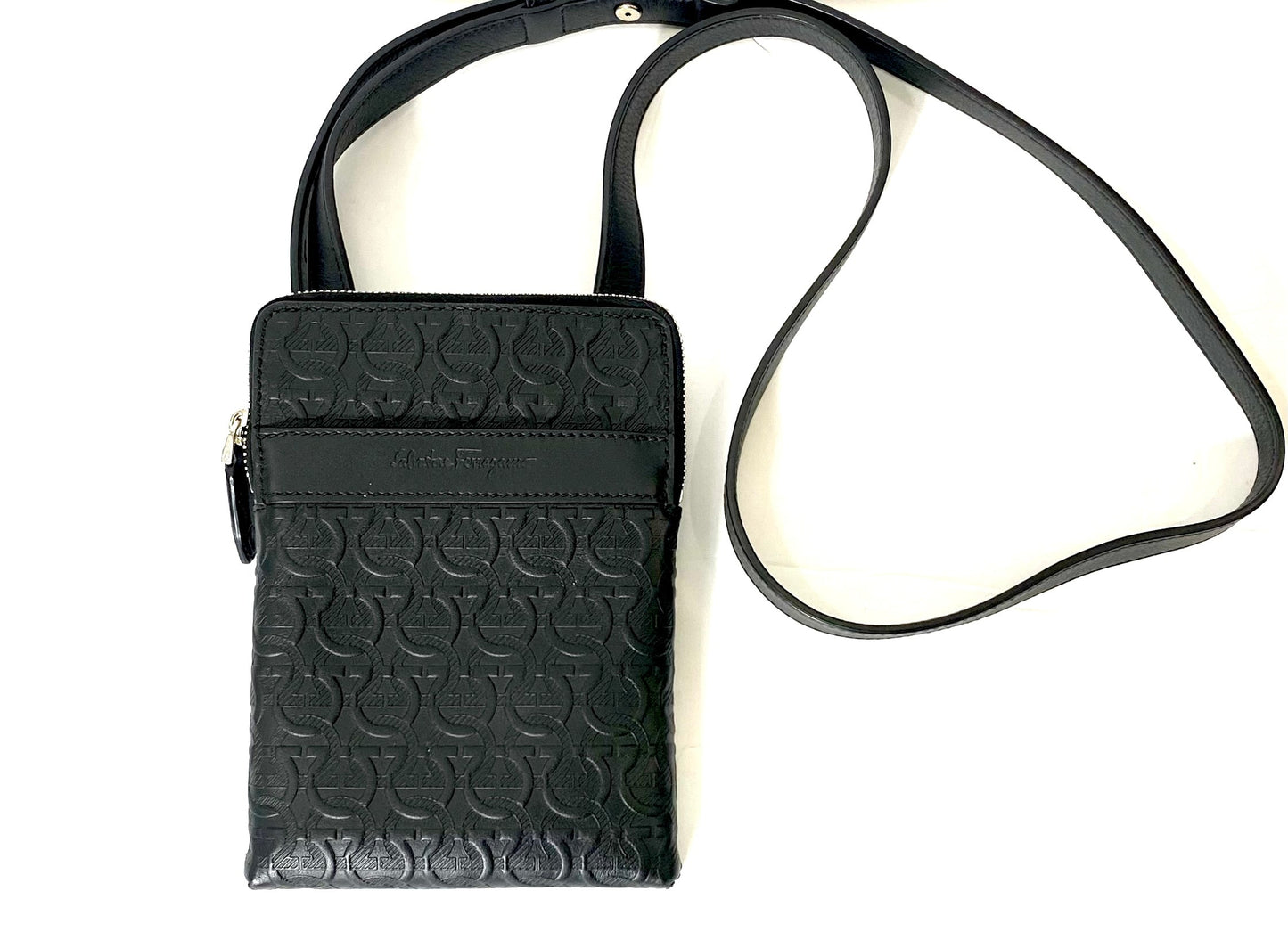FERRAGAMO GANCINI EMBOSSED LEATHER SMALL MESSENGER BAG