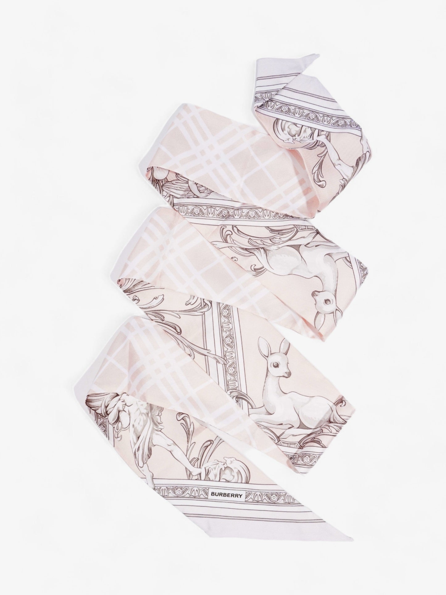 Burberry Garden Statues Skinny Scarf Alabaster Pink Silk 180cm x 8cm