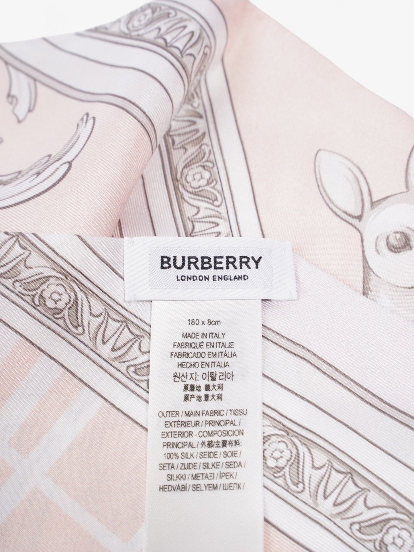 Burberry Garden Statues Skinny Scarf Alabaster Pink Silk 180cm x 8cm
