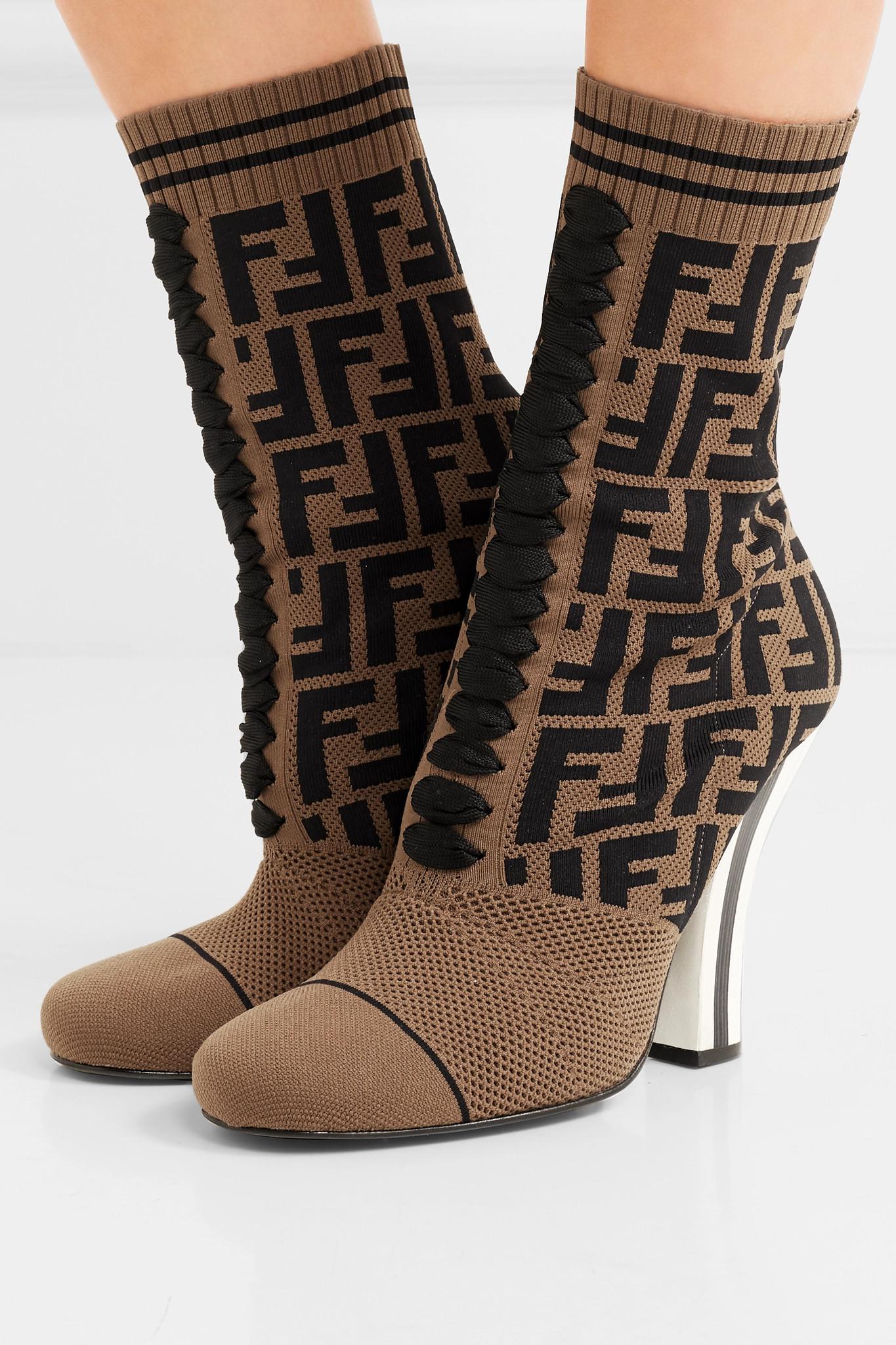 FENDI FF LOGO JACQUARD STRETCH KNIT & MESH SOCK BOOTS