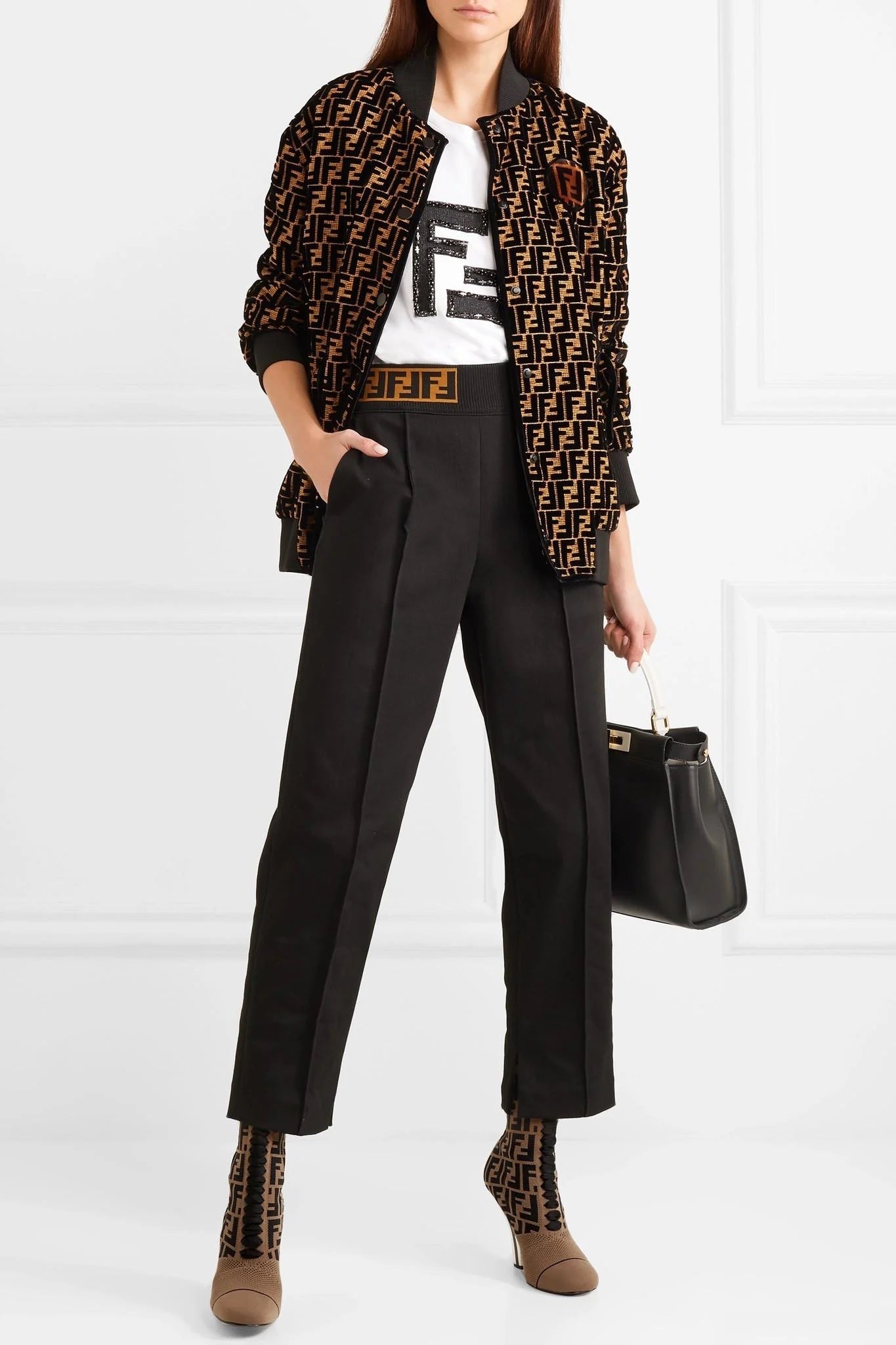 FENDI FF LOGO JACQUARD STRETCH KNIT & MESH SOCK BOOTS