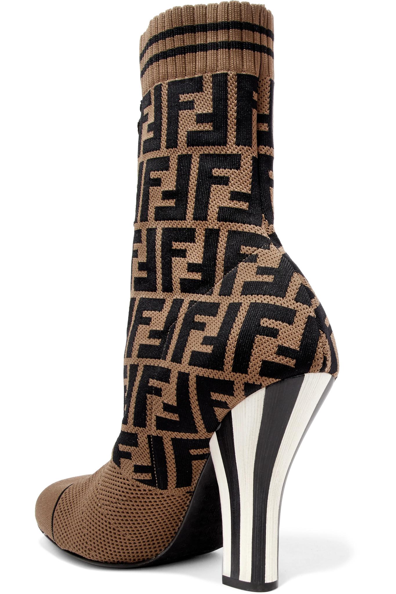 FENDI FF LOGO JACQUARD STRETCH KNIT & MESH SOCK BOOTS