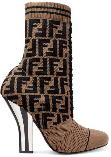 FENDI FF LOGO JACQUARD STRETCH KNIT & MESH SOCK BOOTS