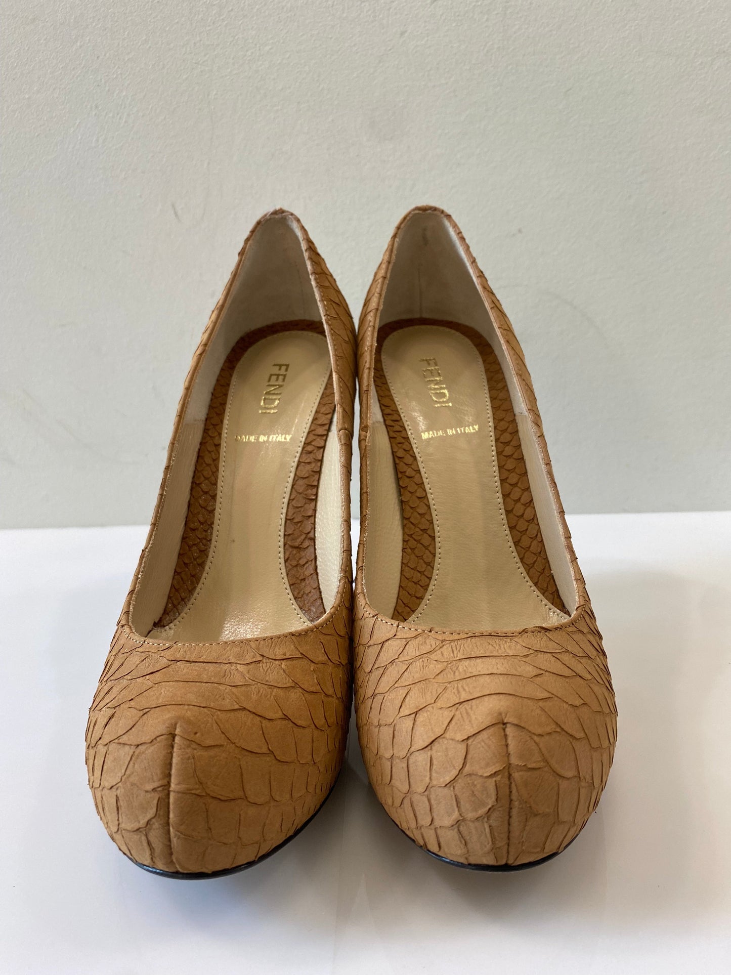 FENDI PYTHON EMBOSSED LEATHER FF LOGO HEEL PLATFORM PUMPS